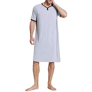 Frecoccialo Herren Nachthemd aus Baumwolle, bequem, kurzärmelig, V-Ausschnitt, Pyjama, Morgenmantel, lockere Version - XL