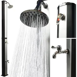 VIESTA® Solardusche 35 Liter mit Fußdusche – schwenkbarer Regenduschkopf – Solar Gartendusche/Außendusche/Pooldusche ohne Stromanschluss – Gartenschlauch-Anschluss, bis 60°C – Schwarz/Silber