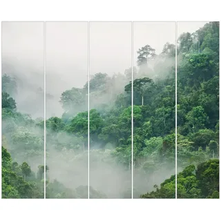 Bilderdepot24 Schiebegardine modern Flächenvorhang blickdicht Dschungel im Nebel (5 St), halbtransparent, Wohnzimmer große Flächengardine lichtdurchlässig als Klemm-System grau 300 cm x 250 cm