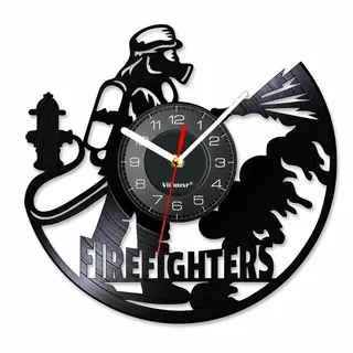 Viiluuxr Ausgefallene Feuerwehr-Wanduhr 30 cm, leise Vinyl-Uhr, schwarz