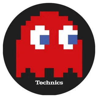 Technics Blinky Slipmat aus Filz, Schwarz, mit weißem Technics-Logo und rotem PacMan-Symbol - Schwarz
