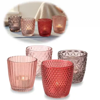 LS-LebenStil 4X Glas Teelichthalter Retro Rosa Rose 7cm 4 ́er Set Kristall Ornament Teelicht-Gläser Windlicht-Halter Kerzenständer Tischdeko Kerzen Deko Kerzenhalter für Teelichter Hochzeit