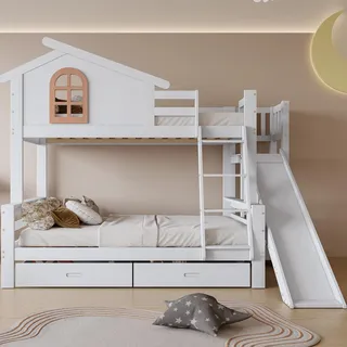 KUAKE Hochbett 90x200cm mit Rutsche, Hausbett Etagenbett mit Fenstern und treppe, Kinderbett mit Zwei Schubladen, Bettrahmen aus Massivholz, Weiß (90x200cm & 120x200cm, Schublade + Rutsche)