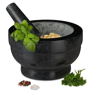 TRANKIELO® - Großer Mörser und Stößel aus Granit - langlebig, geeignet für Kräuter und Gewürze - schwarz, Ø 20 cm, 5,6 kg - Schwarz