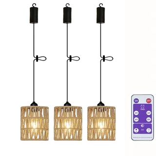 3-Pack Hängelampe mit Batterie Batteriebetriebene Tragbare Pendelleuchte | Boho Rattan Lampenschirm, Deckenlampe ohne Strom, Wasserdicht, Für Schlafzimmer Weihnachten Party Deko
