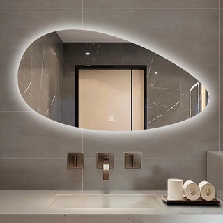 LHIUGE Ovaler LED-beleuchteter Spiegel, 3-Farben-LED-Dimmung, hinterleuchteter Badezimmerspiegel, speziell geformter Badezimmerspiegel, großer asymmetrischer Spiegel 50 * 80cm