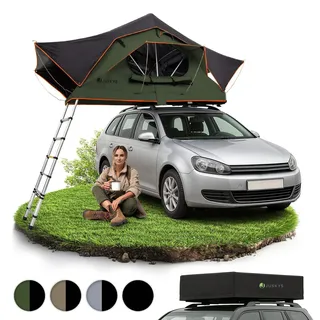 Juskys Autodachzelt Lago 120 x 210 cm - LED-Beleuchtung & Leiter - Schwarz / Olivgrün