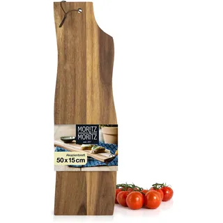 Moritz & Moritz Servierbrett Holz lang 50x15cm - Servierplatte groß aus massiver Akazie - Servierbrett Holz für Käseplatte - Holzbrett Küche langlebig, messerschonend, leicht zu reinigen