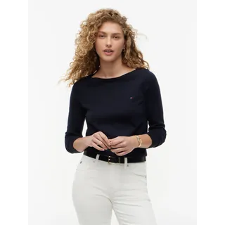 Strickpullover TOMMY HILFIGER "CO JERSEY STITCH V-NECK SWEATER", Damen, Gr. XXXL(46), blau (desert sky), Feinstrick, Obermaterial: 67% Baumwolle, 33% Polyamid, unifarben, Basic normal, U-Boot-Ausschnitt, Rippbündchen, Pullover Strickpullover, mit Tommy Hilfiger Logo-Flag, U-Boot-Ausschnitt