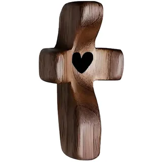 XPEX 1 Stück Geschnitztes Handschmeichler,5X3Cm Klein Holzkreuz, Handschmeichler Holz, Handgeschnitztes Liebeskreuz Aus Holz Mit Schwarz Herzen Für Andachtsgebete Taufe Kommunion