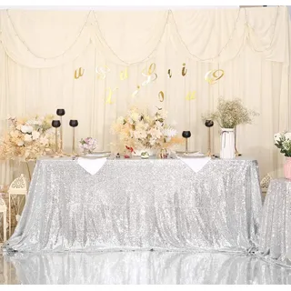 Eternal Beauty Pailletten-Tischdecken, Hochzeit, Halloween, Weihnachten, Party, Bankett, Polyester, silber, 127x203 cm