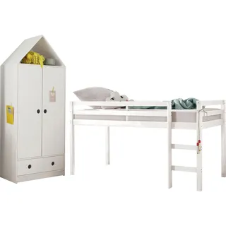 Jugendzimmer-Set LÜTTENHÜTT "Alpi" Schlafzimmermöbel-Sets weiß Baby Komplett-Kinderzimmer Hochbett und Kleiderschrank in Hausoptik, perfekt für kleine Räume