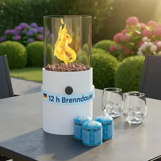 TOM Innovation XXL Gas Tischkamin - 12 Stunden Brenndauer für Indoor & Outdoor – Tisch Kamin Set– Tischfeuer mit Deko-Steinen – Plus 3X 190 g Stechgaskartusche