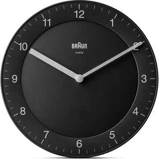 Braun Klassische analoge Wanduhr ruhigem Quarzuhrwerk, leicht lesbarem Zifferblatt mit 20 cm Durchmesser in Schwarz, Modell BC06B.