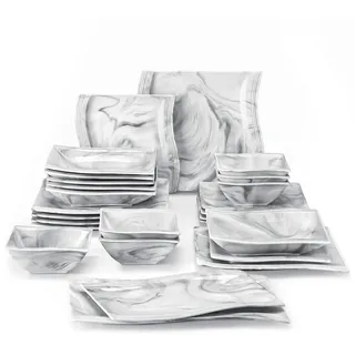 MALACASA FLORA Teller Set, 26-tlg Marmor Geschirrset für 6 Personen, Tafelservice Eckig aus Porzellan inkl. 6x Speiseteller, 6x Dessertteller, 6x Suppenteller, 6x Schüssel, 2x Servierplatte, Grau