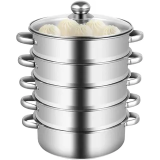 5 Etagen Edelstahl dampfgarer topf, 26/28/30cm kochtopf groß Induktion dampfkocher mit Glasabdeckung, dampfkochtopf dampftopf für Induktionsherd Gasöfen Elektrothermische (32x32x40cm)
