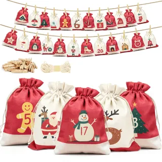 Adventskalender zum Befüllen Stoff, 24 Adventskalender Säckchen 18 x 13 cm | Weihnachtskalender Selber Befüllen 2026, Wiederverwendbare Adventskalender Tüten zum Befüllen für Kinder Mädchen Frauen