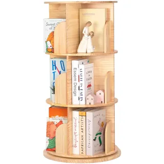 OOOK Drehbares Bücherregal Kinder aus Massivholz, 360 Grad 3-stöckiges Bücherregal Kinderzimmer für Kinder und Erwachsene, Multifunktionales Kinderbücherregal Holz für Kinderspielzimmer