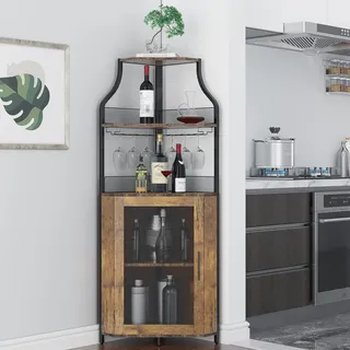 OPULENTHOME 155 cm hoher Weinbarschrank mit verstellbaren Regalen, 5-stufiger Industrie-Barschrank mit Glashalter, Hausbar mit Netztür für Spirituosen und Gläser, Retro-Farbe