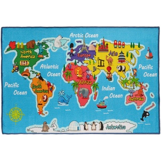 Relaxdays Kinderteppich Weltkarte, 150x100 cm Spielteppich, Kurzflor, Anti Rutsch Beschichtung, Tiere und Ozeane, blau, 1 Stück