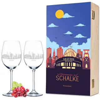 GRAVURZEILE Leonardo Weingläser mit Skyline Schalke Gravur als Set inkl. bedruckter Holzkiste Weingeschenk - Souvenir Andenken & Mitbringsel - Geburtstagsgeschenk für Sie & Ihn