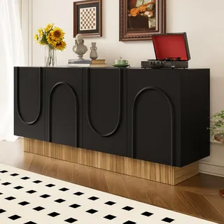 Merax Sideboard 160×38×75 cm, moderner Schrank mit 4 Türen, großem Stauraum und U-Form-Relief, Matte Front, vielseitig als Wohn- und Esszimmerschrank nutzbar, Schwarz