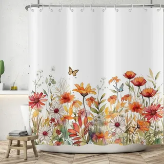 ASDCXZ Blumen Duschvorhang 180x180 cm, Frühling Rot Orange Weiß Bunt Blumen Grün Blätter Schmetterling Bad Waschbar Duschvorhänge Polyester Textil Wasserdicht Badevorhang für Badewanne mit 12 Haken