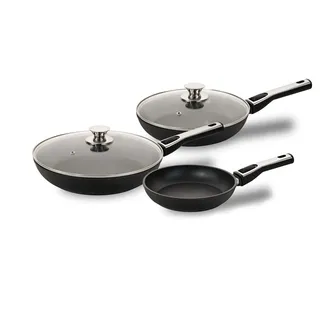 Genius Cerafit Plasma Bratpfannen Set 5tlg 20cm 24cm 28cm + Glasdeckel - ofenfeste Keramikpfannen mit kratzfester Antihaft-Beschichtung | Induktions-Pfannen mit abnehmbarem Griff, Groß, Schwarz