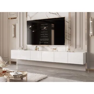 IDOHOME TV Lowboard hängend mit LED und 6 Fächern 300 cm Weiß Hochglanz | 300 x 40 x 36 cm, Laminierte Platte, Mehr Stauraum, Push to Open, TV Zubehör, LED Beleuchtung