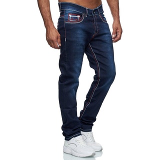 Baxboy Regular-fit-Jeans Herren Jeans Dicke Neon-Naht Straight Fit Denim Stonewashed Stretch rot W33/L32