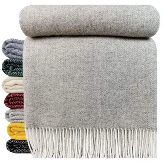 STTS International Wolldecke 100% Schurwolle Wohndecke in versch. Farben 140 x 200 cm Tagesdecke Schurwolldecke Woll-Plaid Tirol A hellgrau, 140 x 200 cm