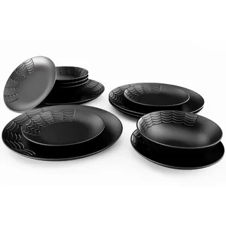 Nomnu Spiderweb Geschirr-Set (12-teilig) – 4 Speiseteller, 4 Salatteller, 4 Schalen – schwarzes mattes Porzellan, Gothic-Geschirr-Set – Halloween-gruselige Gerichte, Gothic-Geschenke