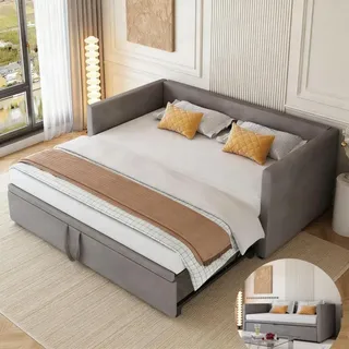 INONEFT Tagesbett 90x200cm/180x200cm, Erweiterbares Schlafsofa mit Lattenrost und Armlehnen, Multifunktions Gästebett, Samt, Grau - Grau