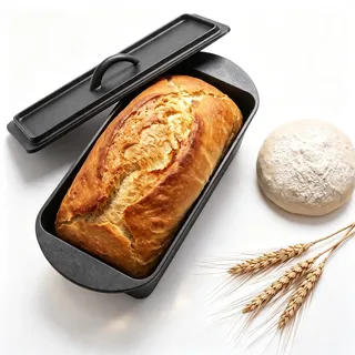 Gusseiserne Brotbackform mit Deckel – Längliche Backform für knusprige Kruste & saftige Krume – Antihaft Kastenform für Sauerteig, Toast & Baguette – Hitzebeständiger Brotbacktopf für den Backofen