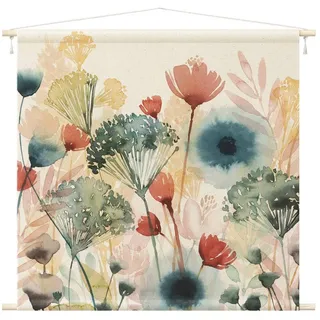 Bilderdepot24 Wandteppich modern Blumen Aquarell Landhaus weiss, quadratisch, Höhe: 2.6 mm, großes Wandbild aus Natur-Baumwolle Wandbehang Stoffbild Tuch Wollseil weiß quadratisch | 90 cm x 90 cm x 2.6 mm