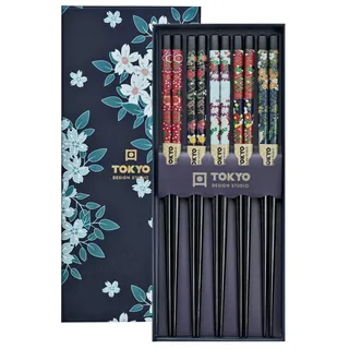 TOKYO design studio ESS-Stäbchen aus Holz, 5-er Set, Cherry Blossom Blue, 22,5 cm lang, inkl. Geschenk-Box