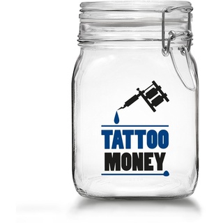 Tattoo Spardose - Spare Geld für Dein nächstes Tattoo - Tattoo Money Sparbüchse aus Glas mit Bügelverschluss (Tattoo Money - Tattoo Maschine)