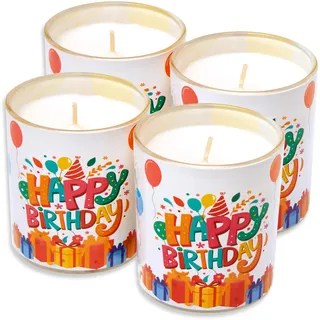 Candelo 4er Set Hochwertige Geburtstagskerzen im Glas Ambiente – Happy Birthday Kerze – 8 x 7cm - 30 Std Brenndauer – Windlicht Glaskerze ohne Duft – Kindergeburtstag Dekoration
