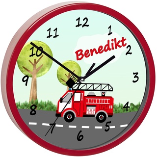 CreaDesign, WU-32-1009 Feuerwehr Wanduhr für Kinderzimmer, lautloses Uhrwerk ohne Ticken, personalisierbar mit Namen, Rahmen rot, Durchmesser 19,5 cm