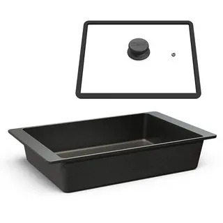 Hoffmann Germany Bräter Aluguss Auflaufform eckig 41x26 cm mit Deckel – Made in Germany, Aluguss (Set, 2-tlg., 1x Bräter 41x26 cm + 1x Glasdeckel), Auflaufform, Antihaft, backofenfest bis 250°C, eckig, Induktion schwarz