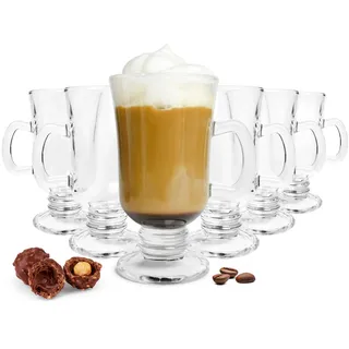 Sendez Irish Coffee Gläser 250 ml mit Fuß & Henkel – Transparentes Pressglas, robuste Heißgetränkegläser für Irish Coffee, Cappuccino, Tee & Heiße Schokolade – Spülmaschinengeeignet