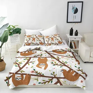 ANHOPE Nette Dschungel Tier Faultier Bettwäsche Set 3 Teilig Bettbezug 135x200 cm + 2 Kissenbezug 50x70 cm Weich Microfaser Bettbezüge Set mit Reißverschluss Bettdeckenbezug für Kinder Jungen Mädchen