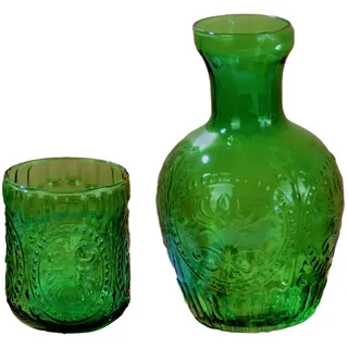 Vintage-Nachttisch-Wasserkaraffe und Glas-Set, Bunte Glas-Wasserkaraffe mit Tasse für Nachttisch, Mundspülung, Glaskaraffe, Wasserkaraffe, Krug-Set für Limonade, Kaltes Wasser, Saft, Milch,(Grün)