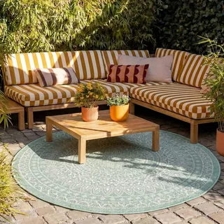 FRAAI | Home & Living In- & Outdoor Teppich Rund - Summer Azteca Grün - Wetterfest - Polypropylen - Ø 180 cm - Balkon, Garten/Terrasse - Terrasse Teppich - Outdoor Rug
