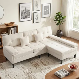 Ecksofa mit Schlaffunktion, 195 cm Modulares L-Form 3-Sitzer Schlafsofa mit beweglicher Ottomane, Chenille Couch mit Hocker & Chaiselongue für Wohnzimmer, Apartment, Kleine Räume, WG-Zimmer, Beige
