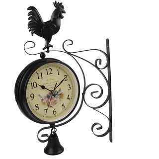 Doppelseitige Wanduhr aus Eisen für Wohnzimmer und Garten, Schwarze Dekorative Uhr mit Leisem Quarzwerk, Große Ziffern Leicht Ablesbar, Robustes Metallgehäuse 39x35x12 cm