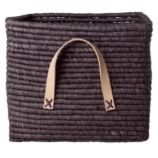 RICE Raffia Aufbewahrungskorb mit Lederschlaufen 30x30x25 cm, L30 x B30 x H25cm, schokobraun