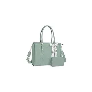 MOSISO Laptoptasche Damen, 15,6-16 Zoll PU Lehrertasche Handtasche Kompatibel mit MacBook HP Dell Asus, Vorderseite Prägung Retro Hibiskus Aktentasche mit Seidenschal&Clutchtasche, Antikes Grün
