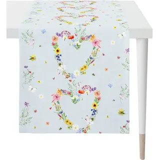 APELT Tischläufer 6816 SPRINGTIME, Frühjahrsdeko, Frühling (1-tlg), Digitaldruck, mit Motiv in Herzform, aus Frühlingsblumen blau|bunt