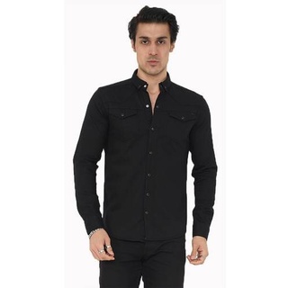 Premium Herren Hemd Basic Freizeithemd dickes Hemd Unifarben Langarm Slim-Fit 100% Baumwolle S Schwarz